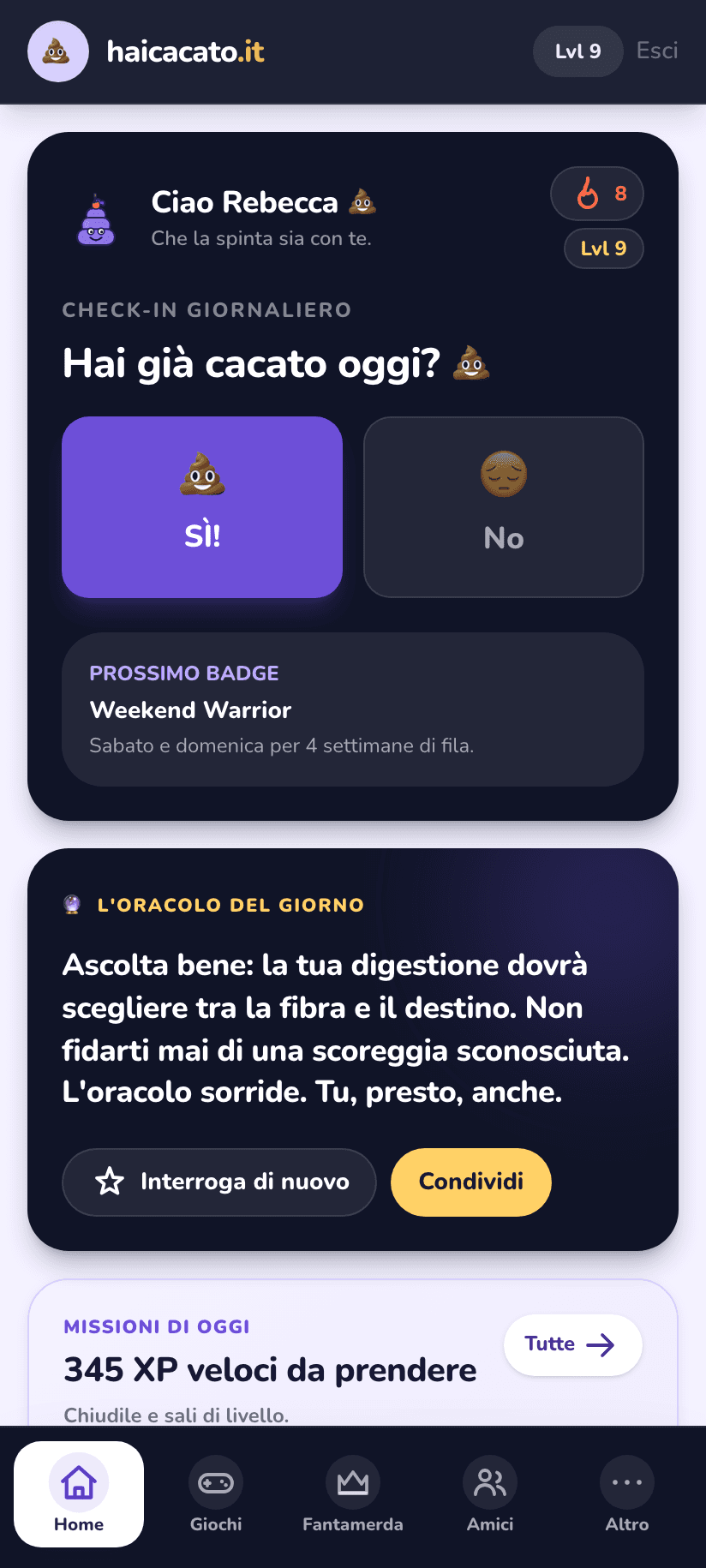 Schermata principale di HaiCacato con il check-in del giorno, la streak e l'oracolo